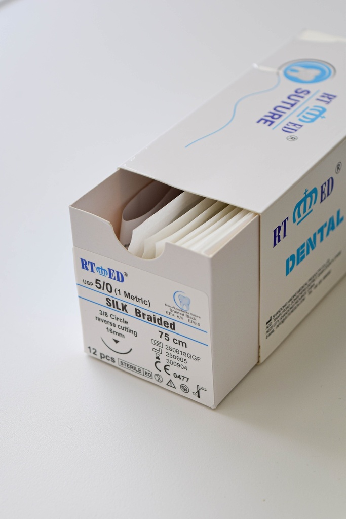 Kit de SUTURA DE SEDA 4/0.75cm LONGITUD- AGUJA 3/8 DE CÍRCULO Y 19mm LARGO x 600 uds 