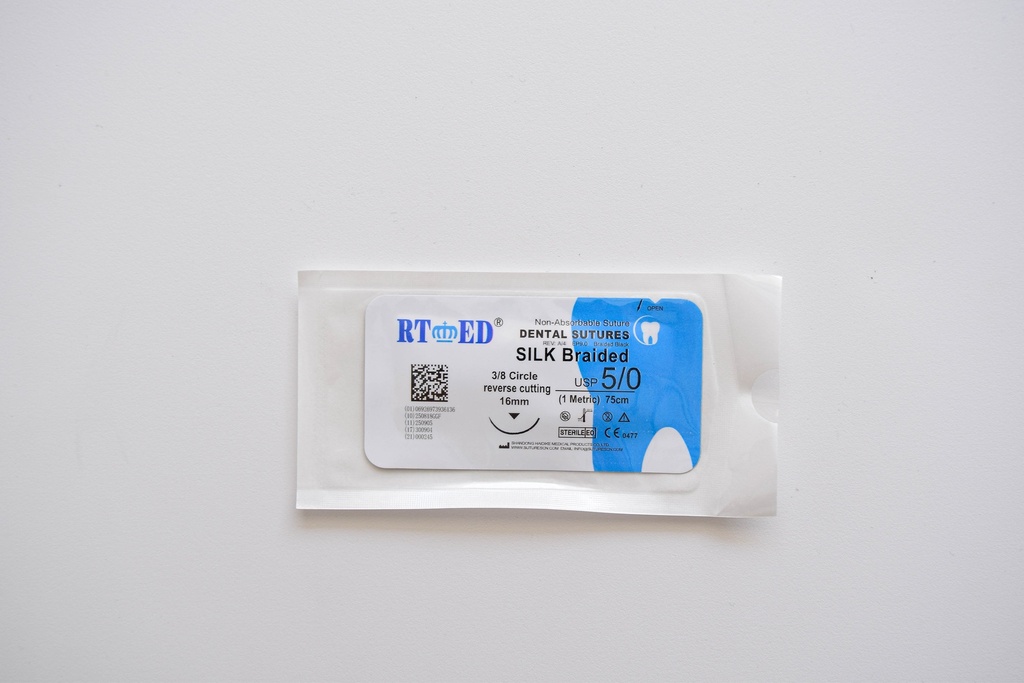 Kit de SUTURA DE SEDA 5/0.75cm LONGITUD- AGUJA 3/8 DE CÍRCULO Y 16mm LARGO x 12 uds