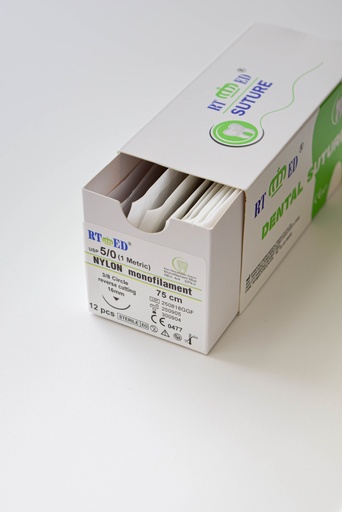 [SUT0005x12] PACK DE SUTURA DE NYLON 5/0.75cm LONGITUD- AGUJA 3/8 DE CÍRCULO Y 16mm LARGO x12